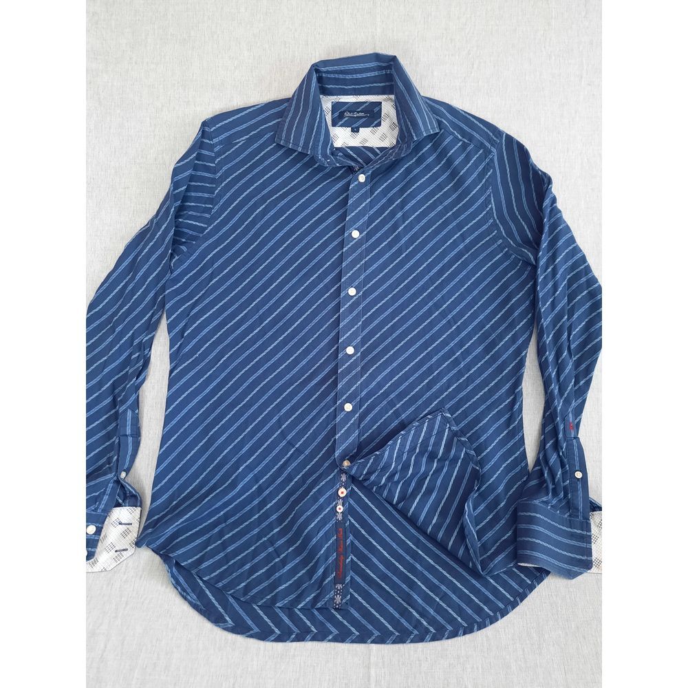 Robert Graham Men's Large Stripes Navy Blue Button Shirt Long Sleeve Pure Cotton